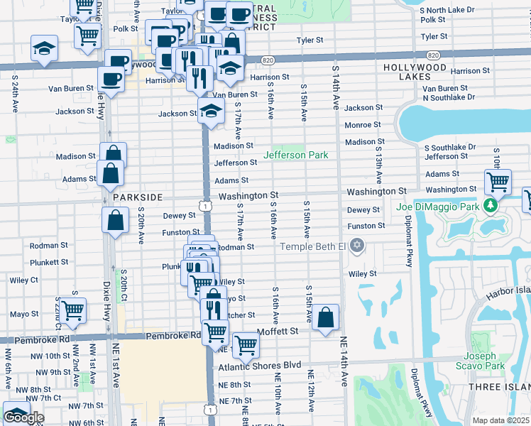 map of restaurants, bars, coffee shops, grocery stores, and more near 1600 Washington Street in Hollywood