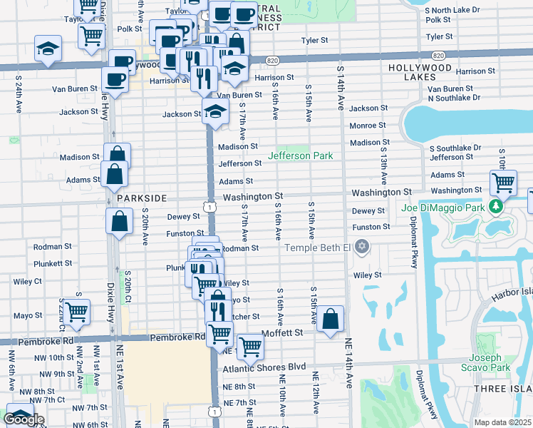 map of restaurants, bars, coffee shops, grocery stores, and more near 1600 Washington Street in Hollywood