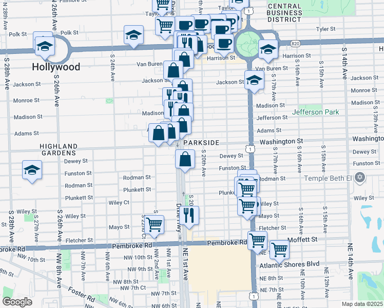 map of restaurants, bars, coffee shops, grocery stores, and more near 2037 Washington Street in Hollywood