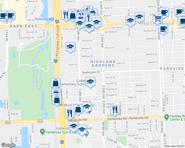 map of restaurants, bars, coffee shops, grocery stores, and more near 2715 Washington Street in Hollywood