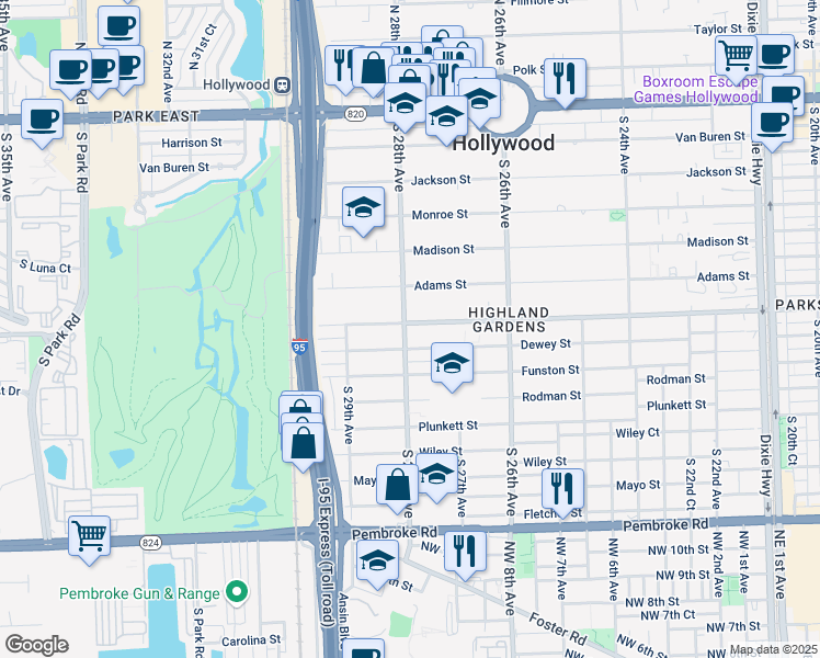 map of restaurants, bars, coffee shops, grocery stores, and more near 825 South 28th Avenue in Hollywood