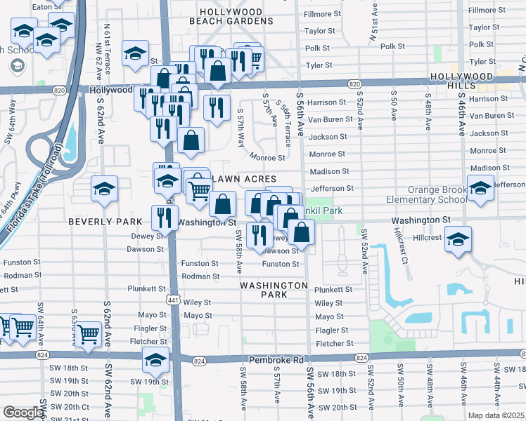 map of restaurants, bars, coffee shops, grocery stores, and more near 5706 Jefferson Street in Hollywood