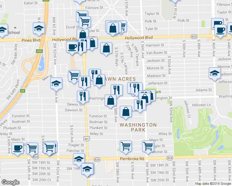 map of restaurants, bars, coffee shops, grocery stores, and more near 179 Hidden Court Drive in Hollywood
