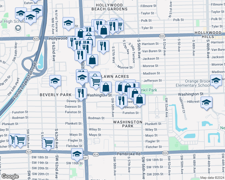 map of restaurants, bars, coffee shops, grocery stores, and more near 179 Hidden Court Drive in Hollywood