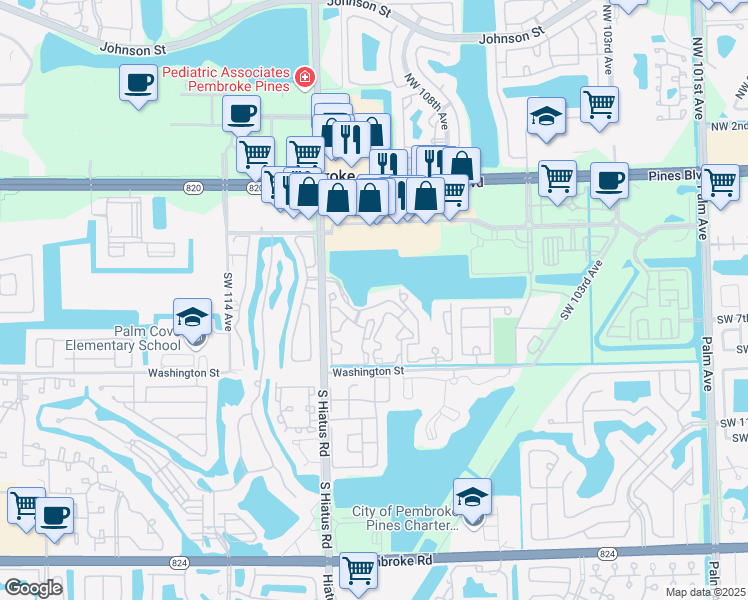 map of restaurants, bars, coffee shops, grocery stores, and more near 11099 Southwest 5th Street in Pembroke Pines