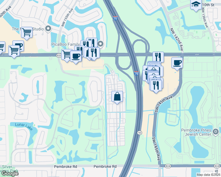 map of restaurants, bars, coffee shops, grocery stores, and more near 482 Southwest 148th Avenue in Pembroke Pines