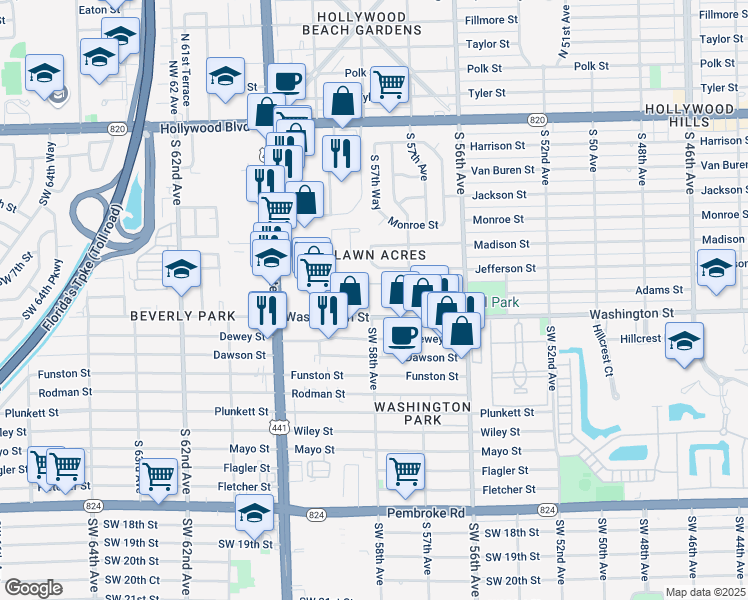 map of restaurants, bars, coffee shops, grocery stores, and more near 5855 Washington Street in Hollywood