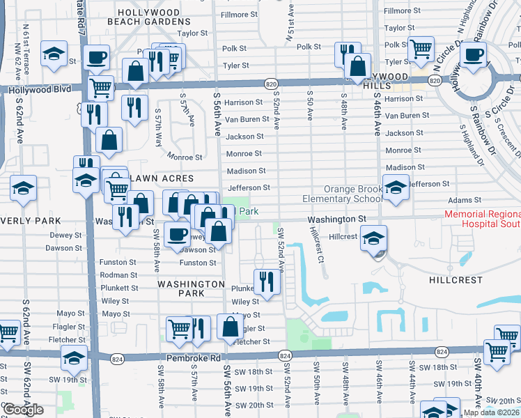 map of restaurants, bars, coffee shops, grocery stores, and more near 5400 South 54th Avenue in Hollywood