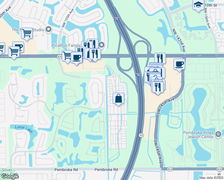 map of restaurants, bars, coffee shops, grocery stores, and more near 482 Southwest 148th Avenue in Pembroke Pines