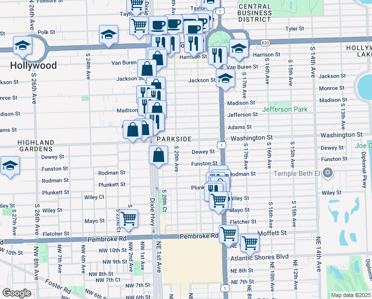 map of restaurants, bars, coffee shops, grocery stores, and more near 1948 Washington Street in Hollywood
