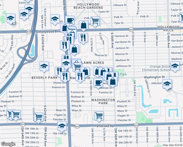map of restaurants, bars, coffee shops, grocery stores, and more near 179 Hidden Court Drive in Hollywood