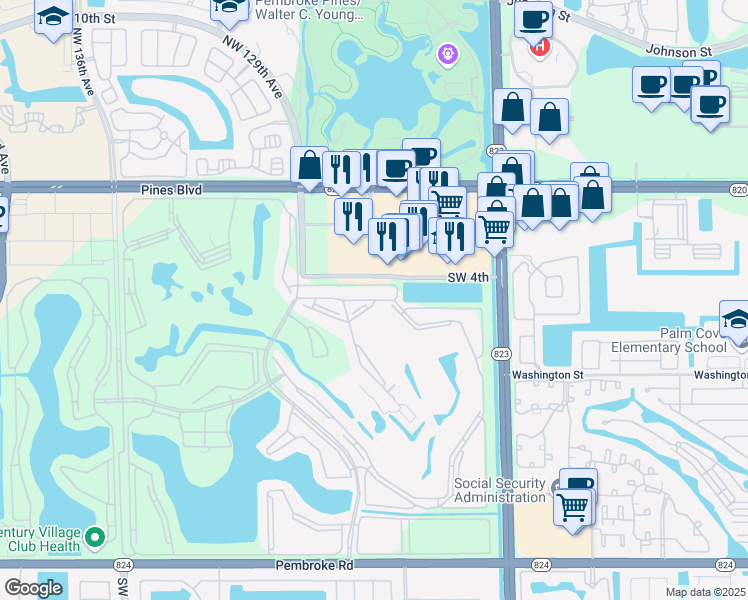 map of restaurants, bars, coffee shops, grocery stores, and more near 12750 Southwest 4th Court in Pembroke Pines