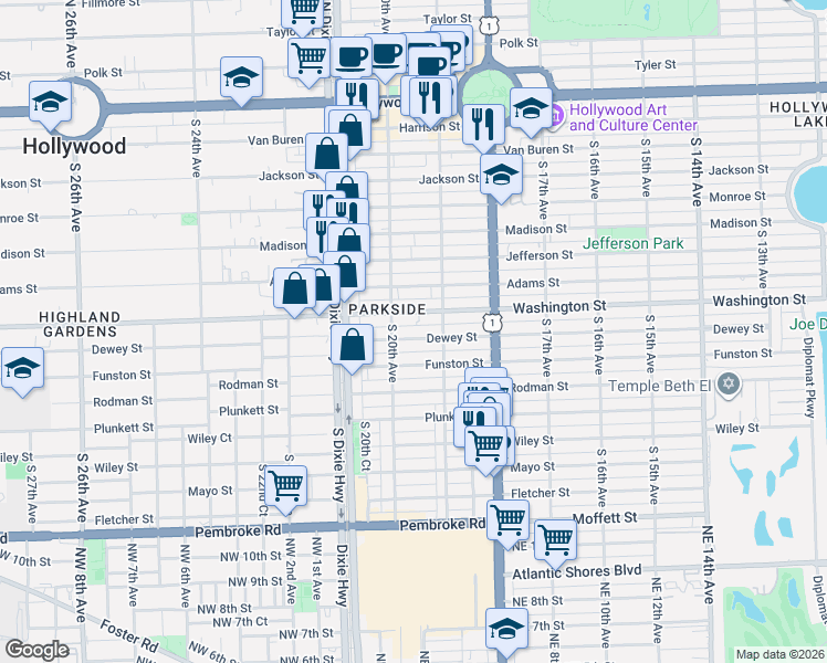 map of restaurants, bars, coffee shops, grocery stores, and more near in Hollywood