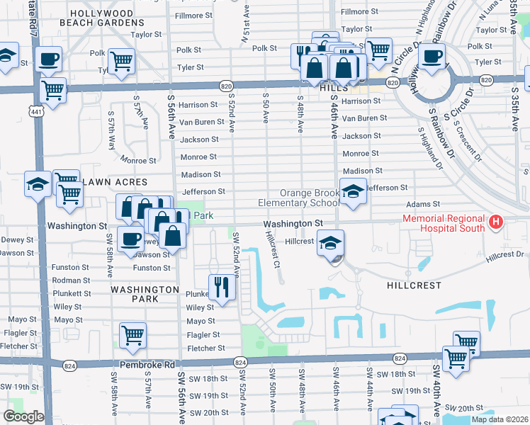 map of restaurants, bars, coffee shops, grocery stores, and more near 5101 Adams Street in Hollywood