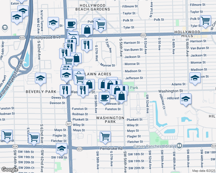 map of restaurants, bars, coffee shops, grocery stores, and more near 5706 Jefferson Street in Hollywood