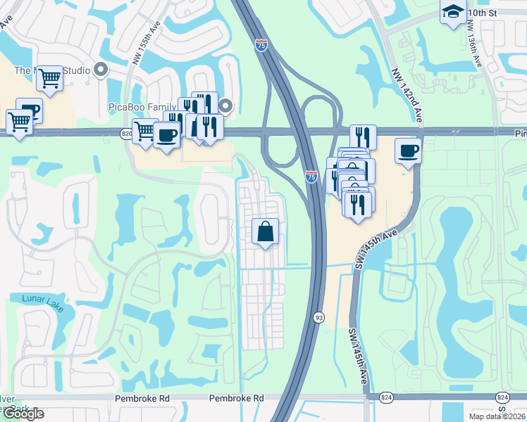 map of restaurants, bars, coffee shops, grocery stores, and more near 482 Southwest 148th Avenue in Pembroke Pines