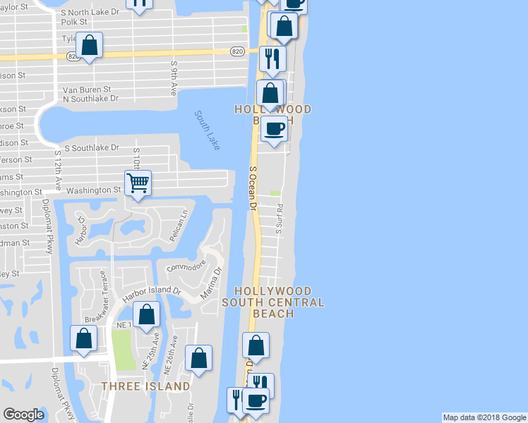 map of restaurants, bars, coffee shops, grocery stores, and more near 1301 South Ocean Drive in Hollywood