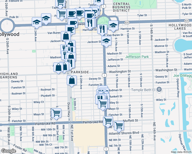 map of restaurants, bars, coffee shops, grocery stores, and more near 906 South 19th Avenue in Hollywood