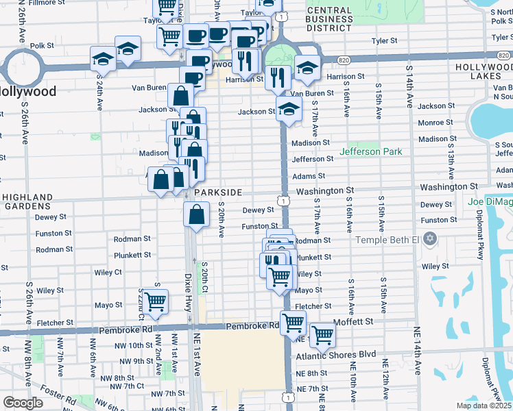 map of restaurants, bars, coffee shops, grocery stores, and more near 906 South 19th Avenue in Hollywood