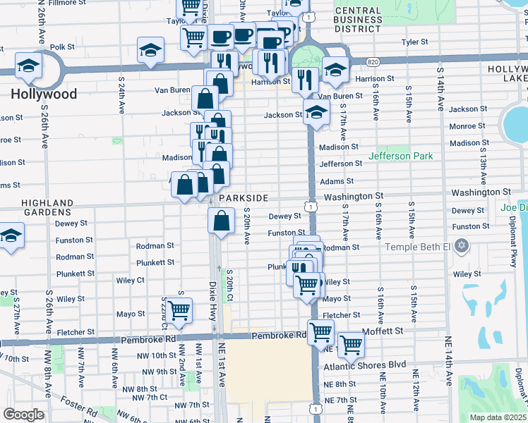 map of restaurants, bars, coffee shops, grocery stores, and more near 1948 Washington Street in Hollywood