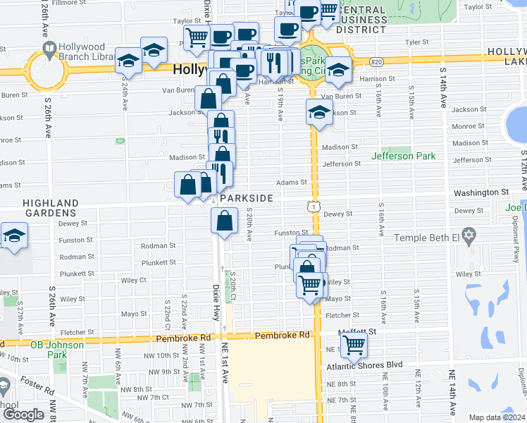 map of restaurants, bars, coffee shops, grocery stores, and more near 1948 Washington Street in Hollywood