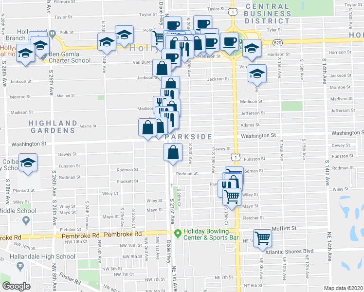 map of restaurants, bars, coffee shops, grocery stores, and more near 2037 Washington Street in Hollywood