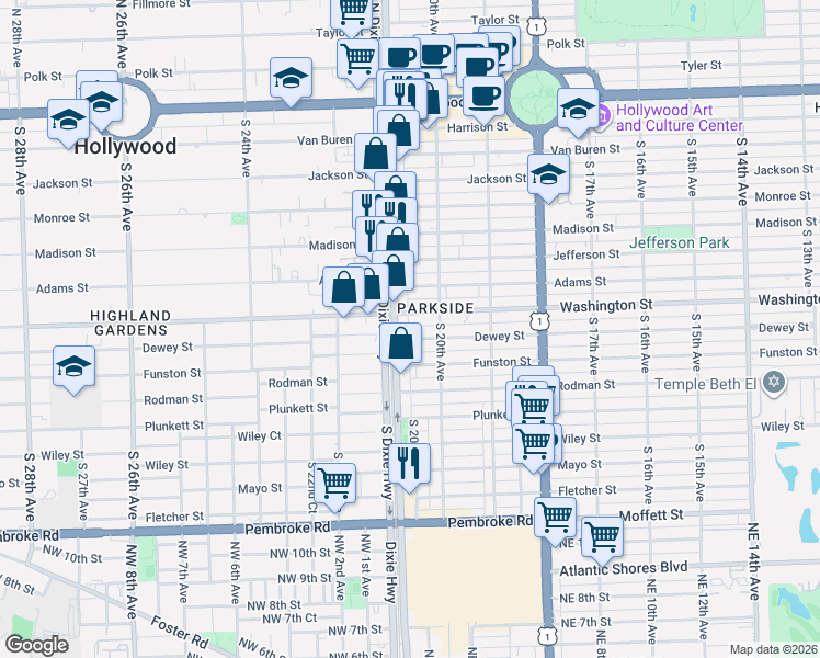 map of restaurants, bars, coffee shops, grocery stores, and more near 2037 Washington Street in Hollywood