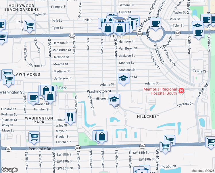 map of restaurants, bars, coffee shops, grocery stores, and more near 4801 Adams Street in Hollywood
