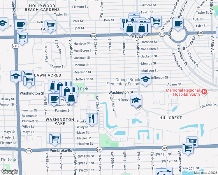 map of restaurants, bars, coffee shops, grocery stores, and more near 5101 Adams Street in Hollywood