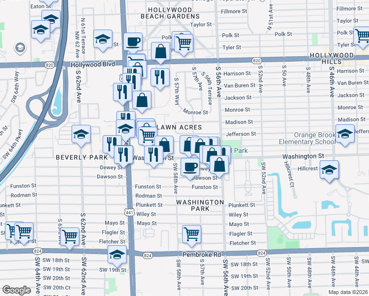 map of restaurants, bars, coffee shops, grocery stores, and more near 5706 Jefferson Street in Hollywood