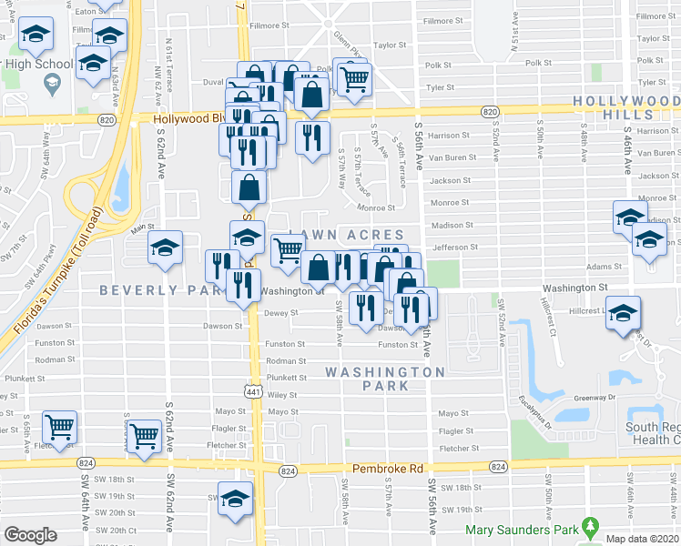 map of restaurants, bars, coffee shops, grocery stores, and more near 179 Hidden Court Drive in Hollywood