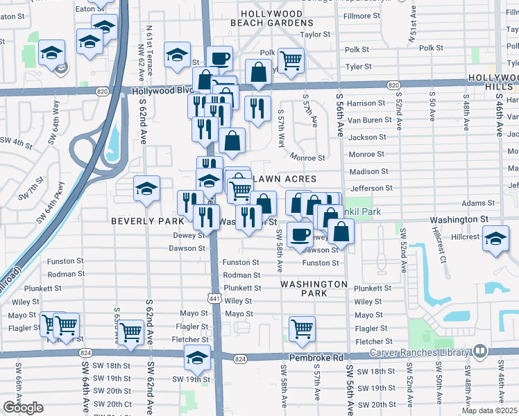 map of restaurants, bars, coffee shops, grocery stores, and more near 136 Hidden Court Road in Hollywood