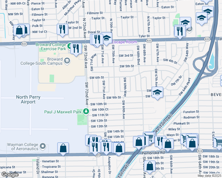 map of restaurants, bars, coffee shops, grocery stores, and more near 641 Southwest 70th Avenue in Pembroke Pines