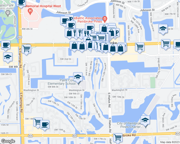 map of restaurants, bars, coffee shops, grocery stores, and more near 4585 Southwest 113th Way in Pembroke Pines