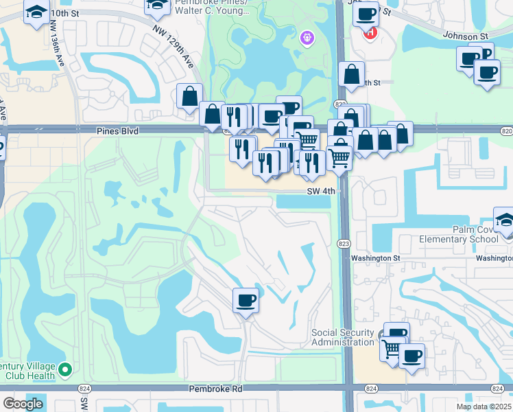 map of restaurants, bars, coffee shops, grocery stores, and more near 12750 Southwest 4th Court in Pembroke Pines