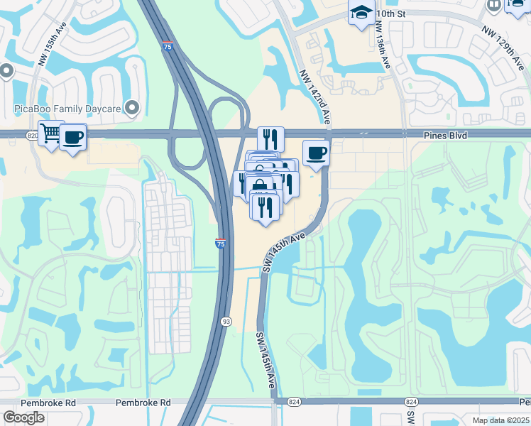 map of restaurants, bars, coffee shops, grocery stores, and more near 14561 Southwest 5th Street in Pembroke Pines