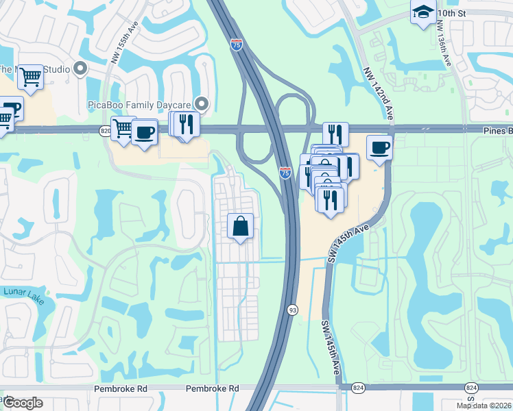 map of restaurants, bars, coffee shops, grocery stores, and more near 501 Southwest 146th Terrace in Pembroke Pines