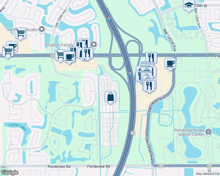 map of restaurants, bars, coffee shops, grocery stores, and more near 482 Southwest 148th Avenue in Pembroke Pines