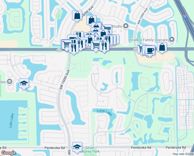 map of restaurants, bars, coffee shops, grocery stores, and more near 604 Southwest 158th Way in Pembroke Pines