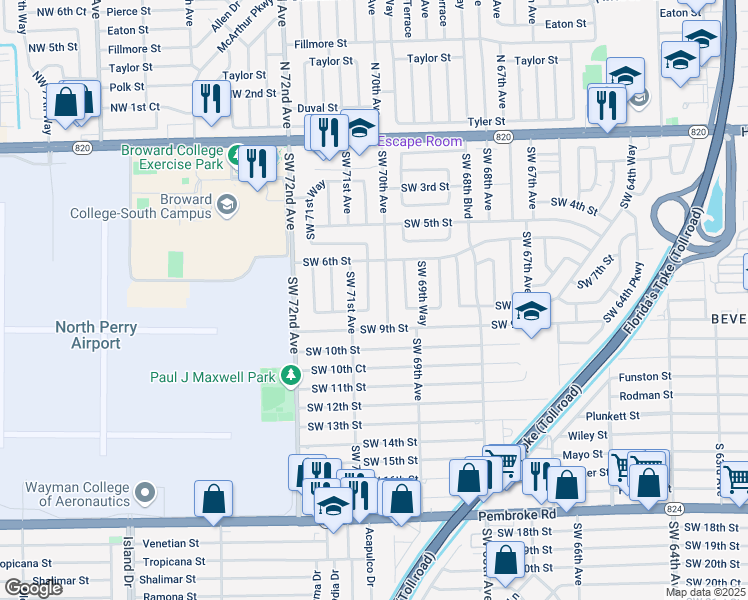map of restaurants, bars, coffee shops, grocery stores, and more near 641 Southwest 70th Avenue in Pembroke Pines