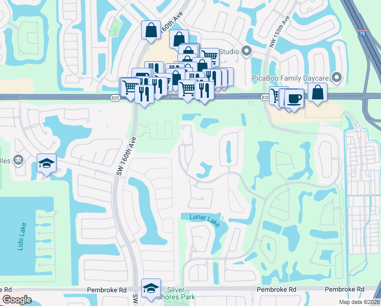 map of restaurants, bars, coffee shops, grocery stores, and more near 604 Southwest 158th Way in Pembroke Pines