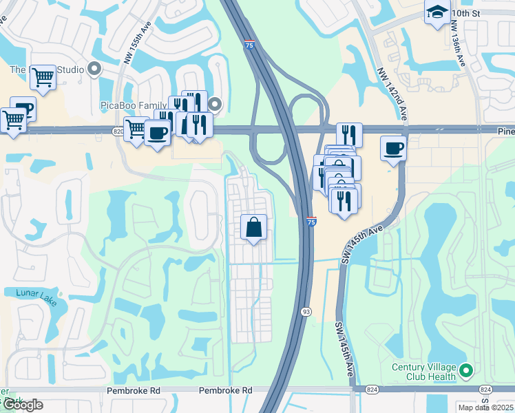 map of restaurants, bars, coffee shops, grocery stores, and more near 482 Southwest 148th Avenue in Pembroke Pines
