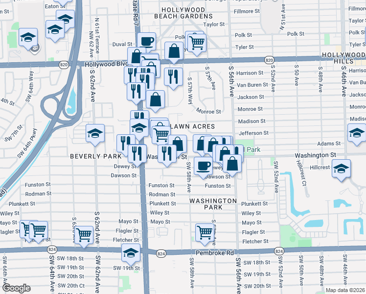 map of restaurants, bars, coffee shops, grocery stores, and more near 179 Hidden Court Drive in Hollywood
