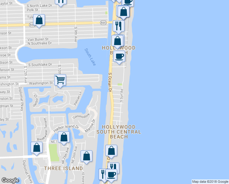 map of restaurants, bars, coffee shops, grocery stores, and more near 1301 South Ocean Drive in Hollywood