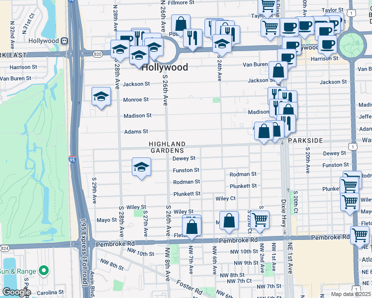 map of restaurants, bars, coffee shops, grocery stores, and more near 2503 Washington Street in Hollywood