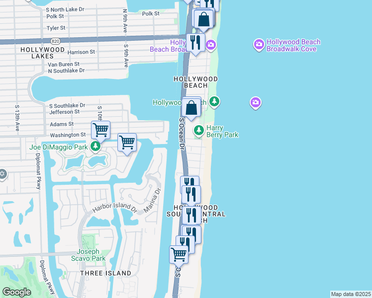 map of restaurants, bars, coffee shops, grocery stores, and more near 1301 South Ocean Drive in Hollywood