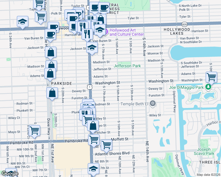 map of restaurants, bars, coffee shops, grocery stores, and more near 1644 Washington Street in Hollywood