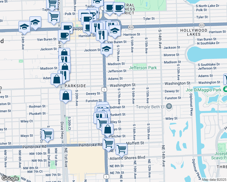 map of restaurants, bars, coffee shops, grocery stores, and more near 1736 Washington Street in Hollywood