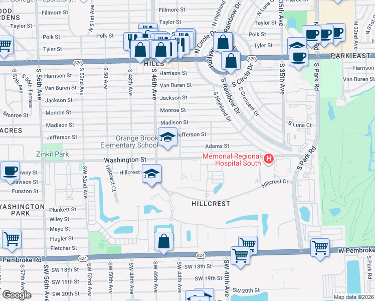 map of restaurants, bars, coffee shops, grocery stores, and more near 4317 Adams Street in Hollywood