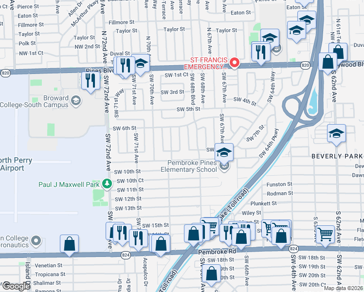 map of restaurants, bars, coffee shops, grocery stores, and more near 700 Southwest 68th Terrace in Pembroke Pines